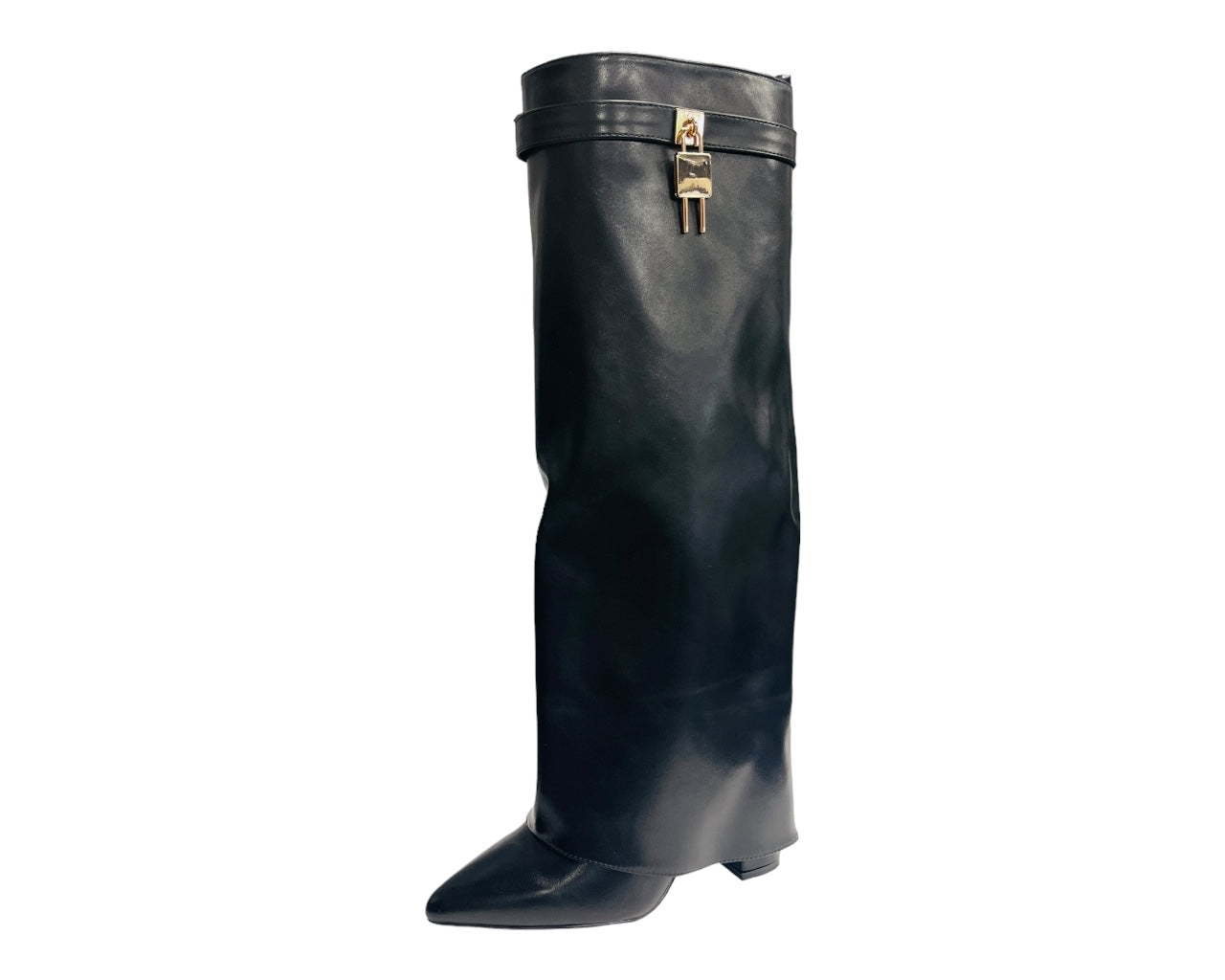 Faux Leather Padlock Knee High Fold Over Block Heel Boots