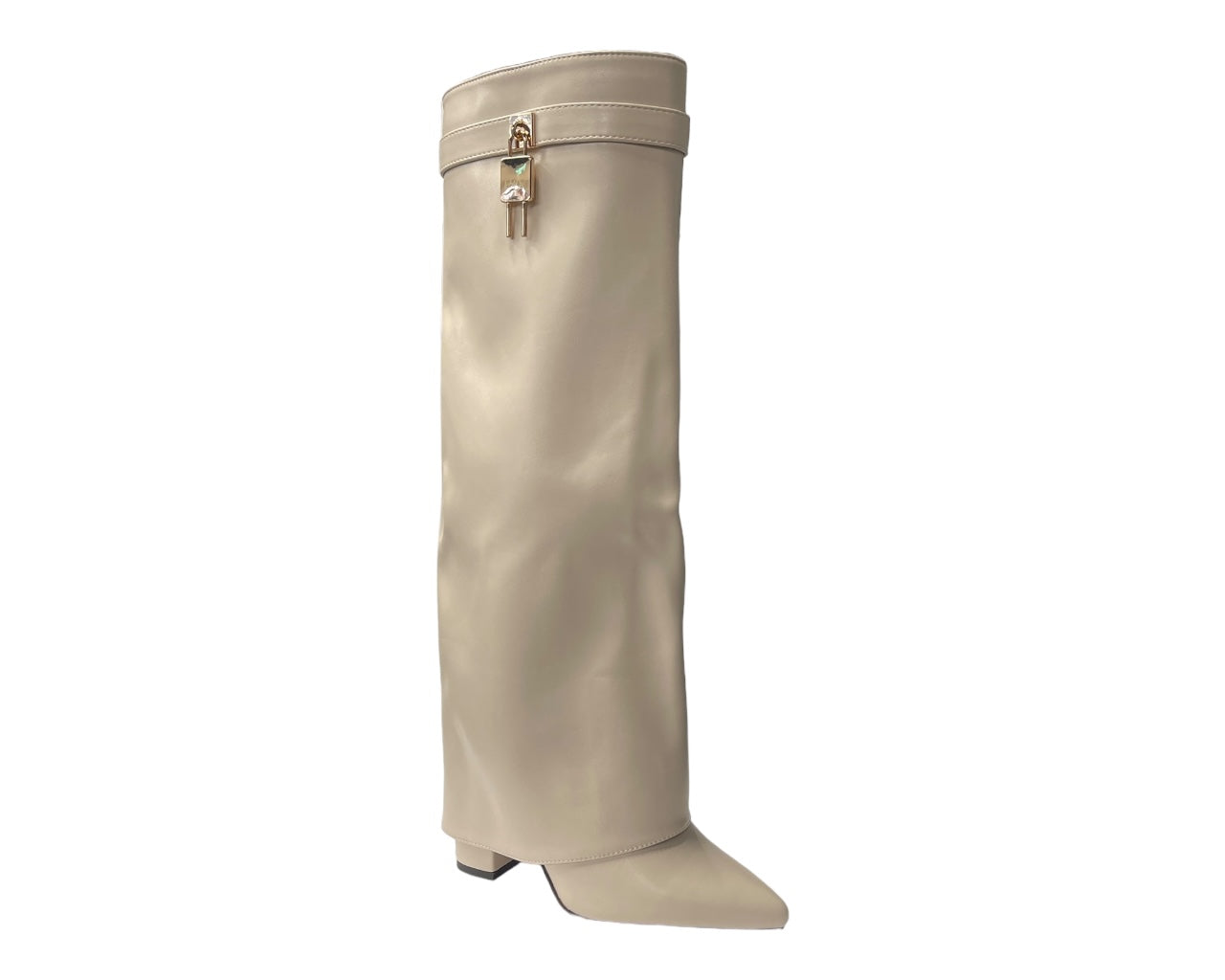 Faux Leather Padlock Knee High Fold Over Block Heel Boots