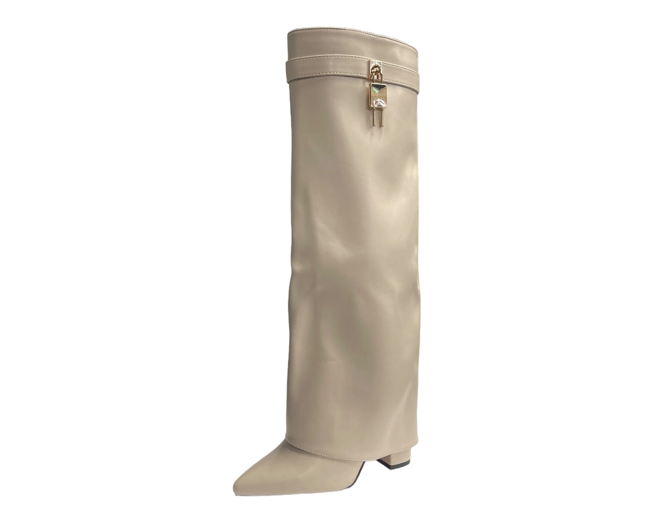 Faux Leather Padlock Knee High Fold Over Block Heel Boots