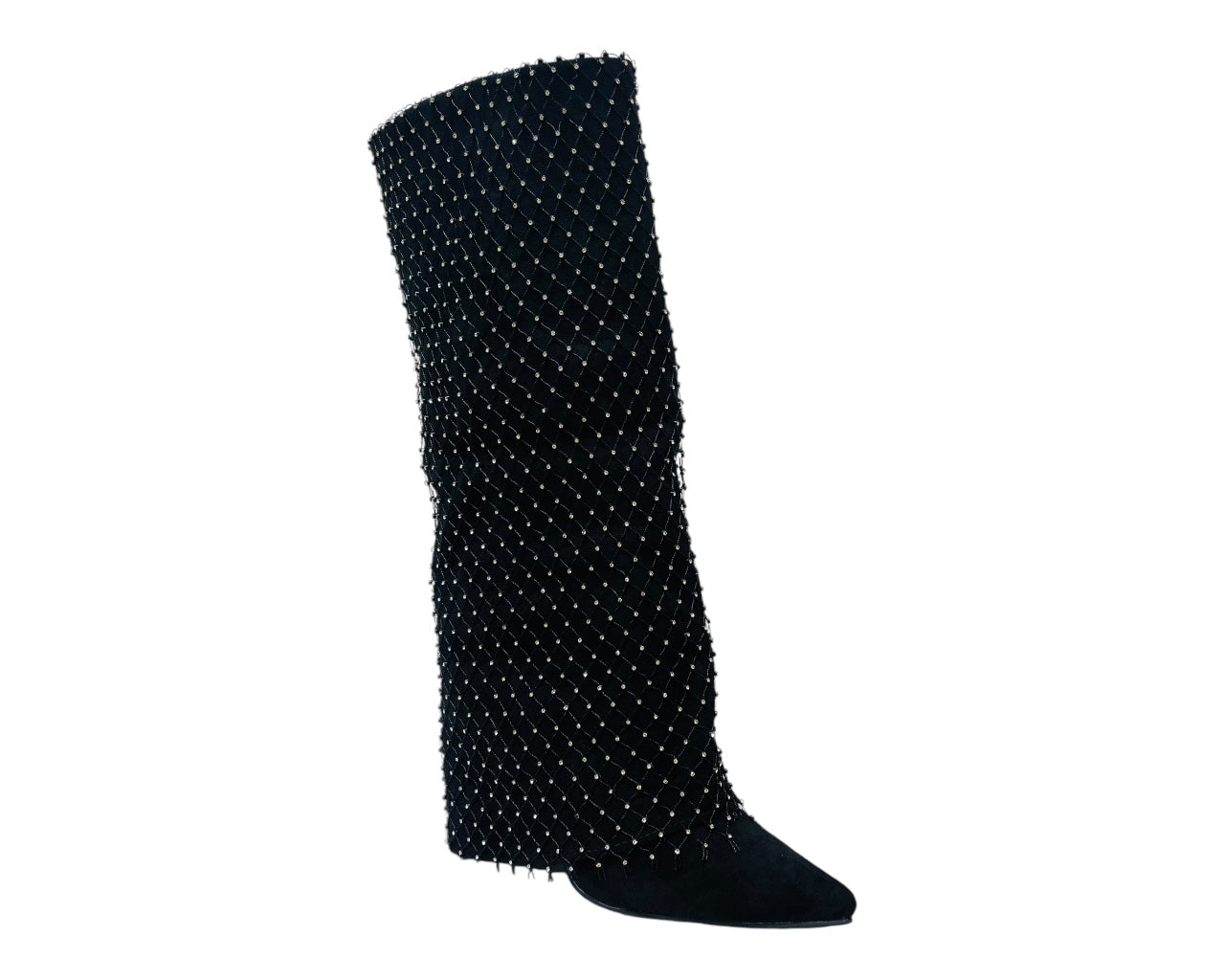 Fold Over Knee High Diamante Fishnet Boots