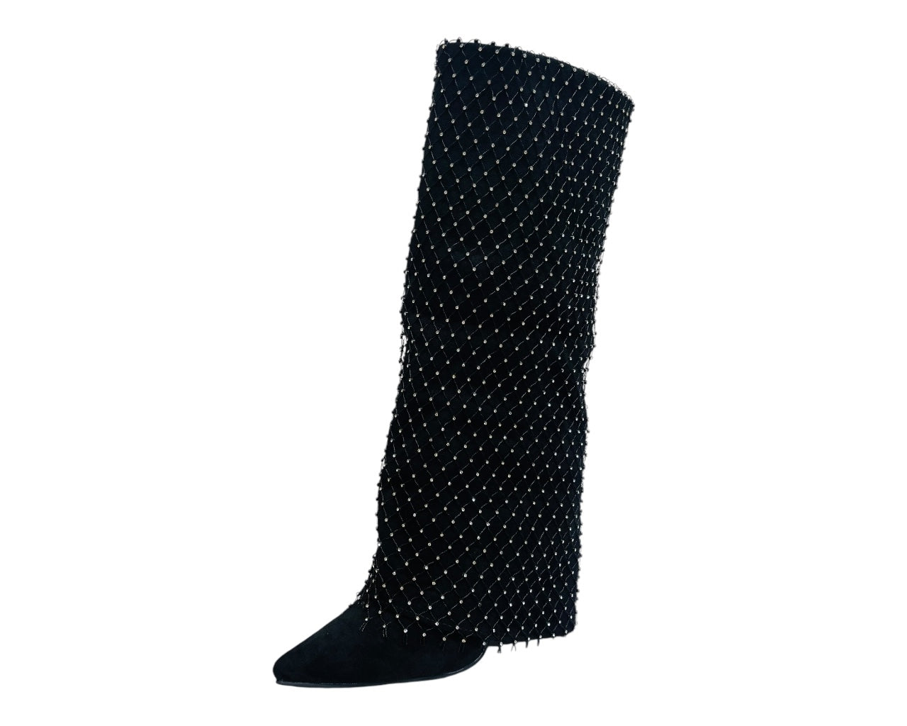 Fold Over Knee High Diamante Fishnet Boots