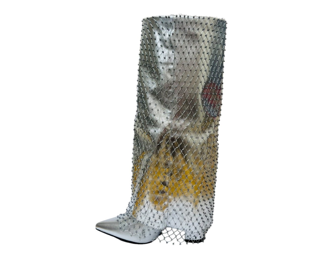 Fold Over Knee High Diamante Fishnet Boots