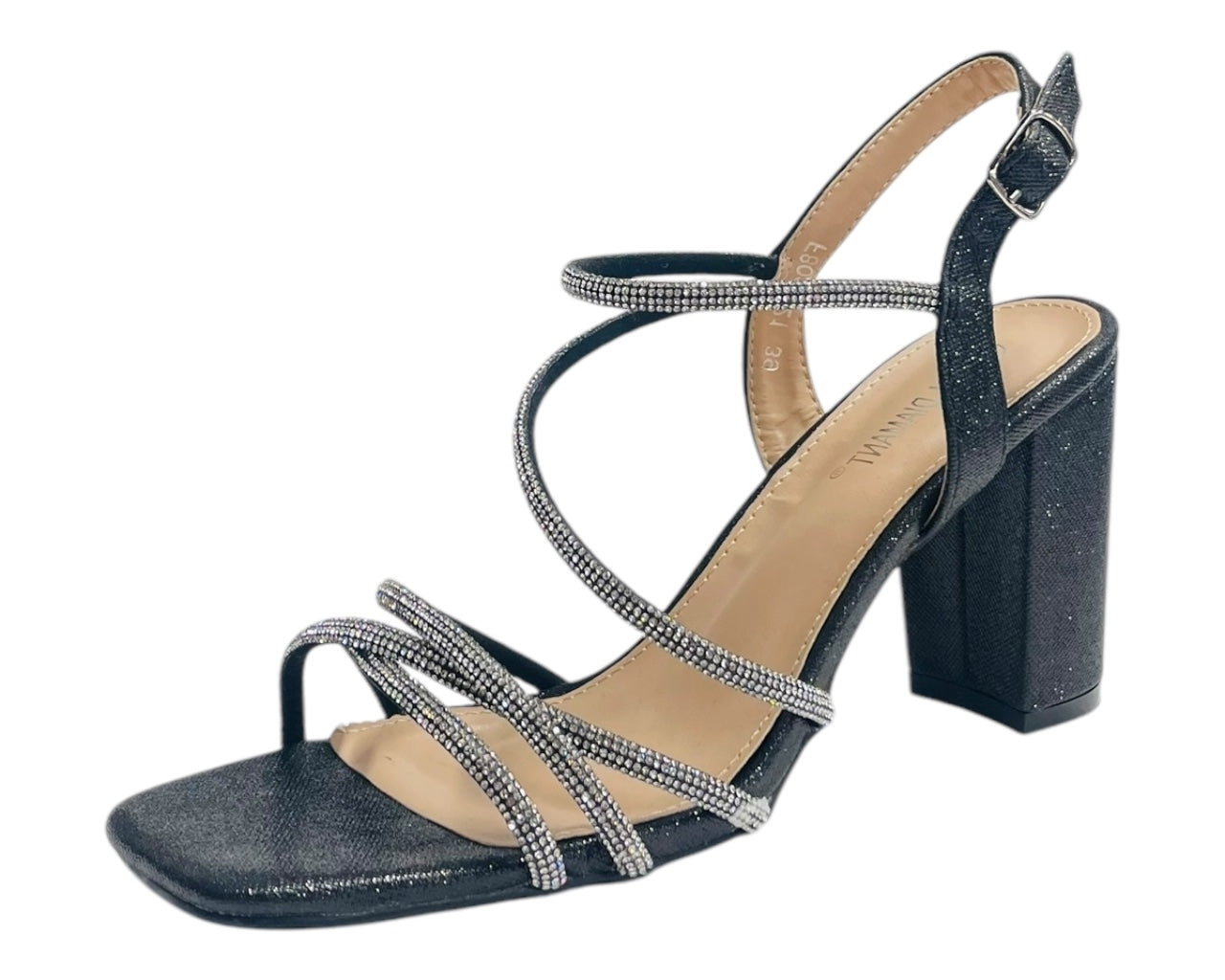 Diamante Glitter Ankle Strap Block Heel Shoes