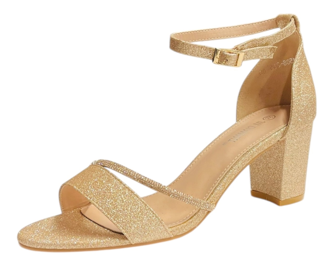 Glitter Ankle Strap Block Heel Diamante Shoes