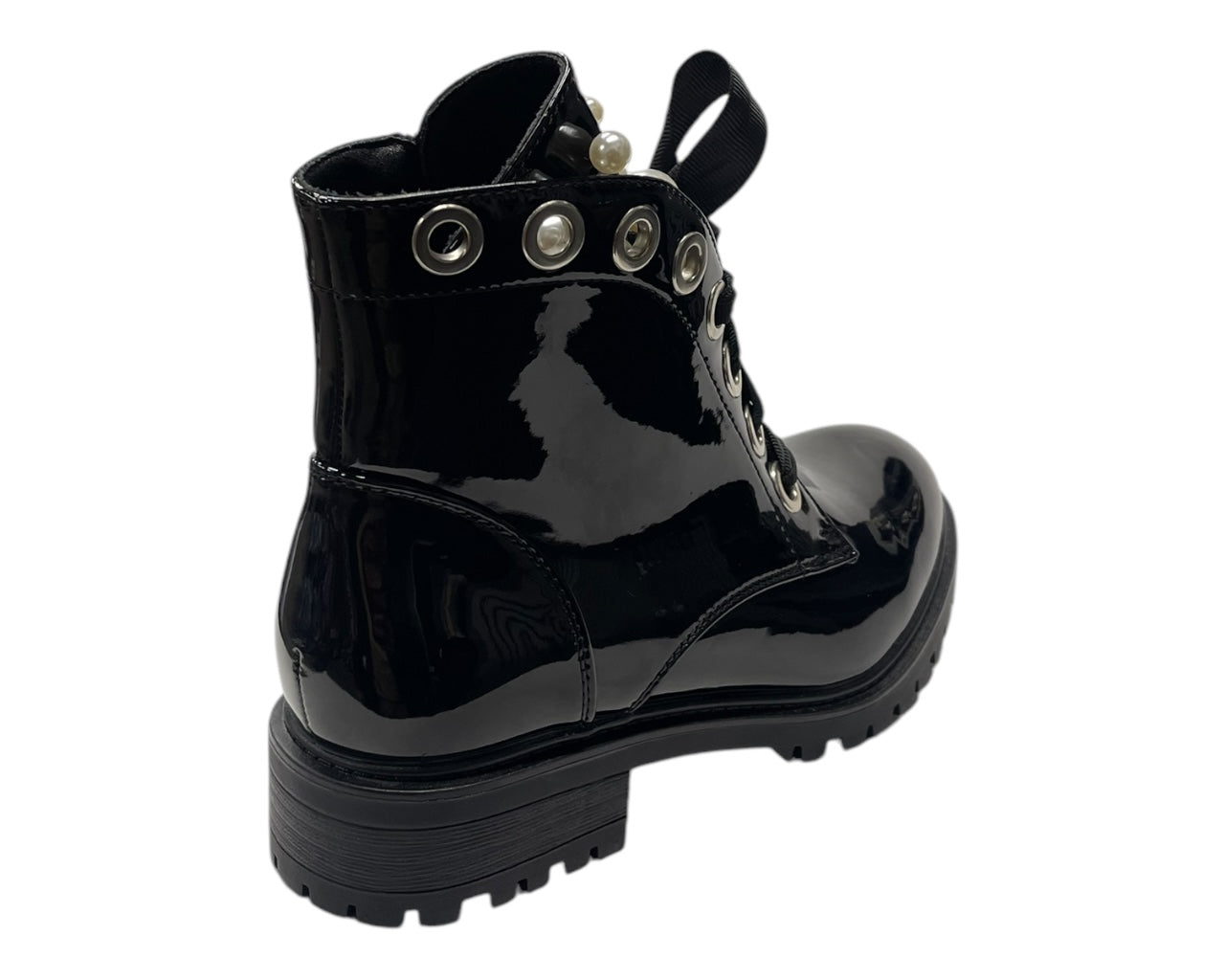 Faux Patent Leather Thick Lace Pearls Ankle Boots