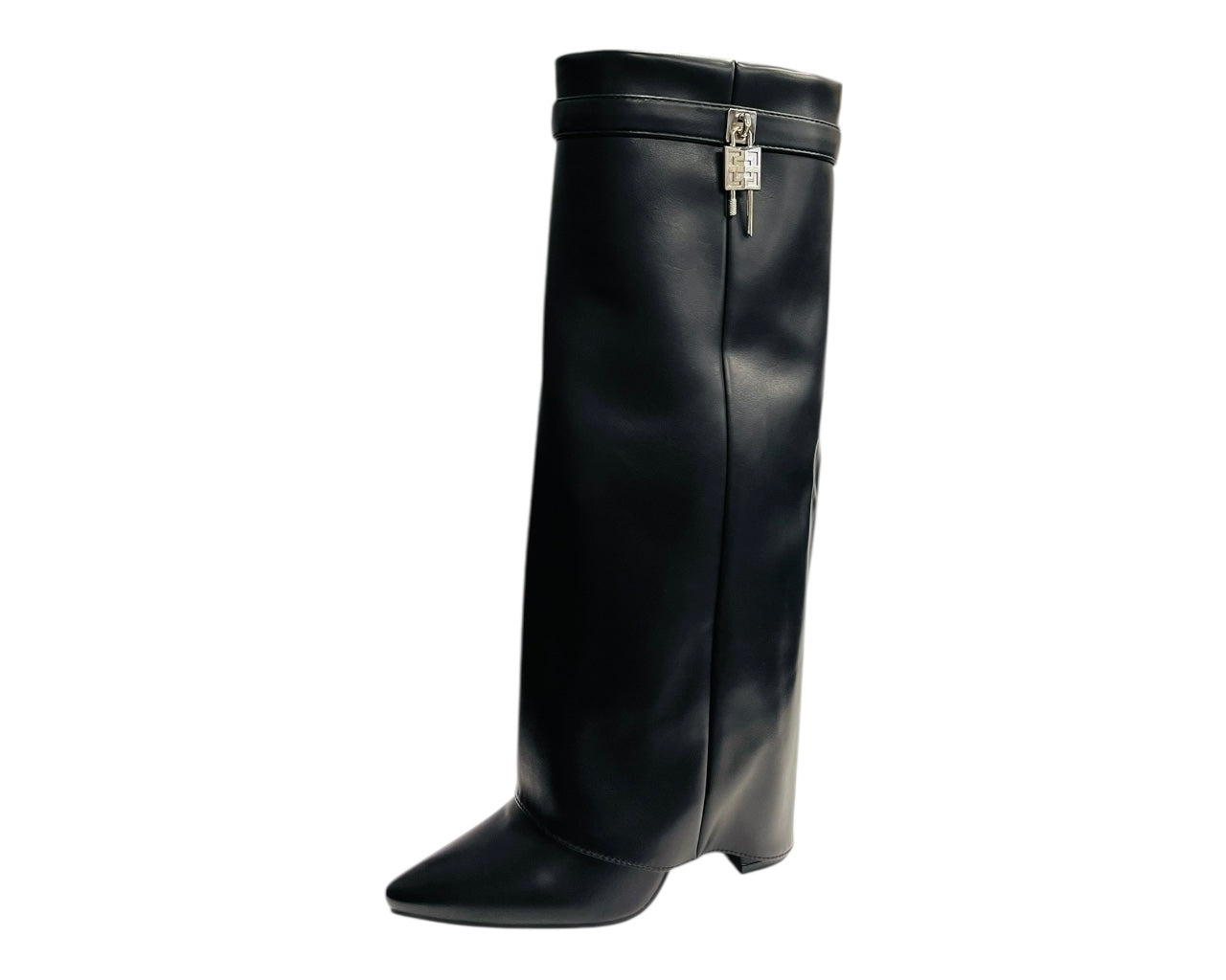 Padlock Details Knee High Fold Over Block Heel Boots