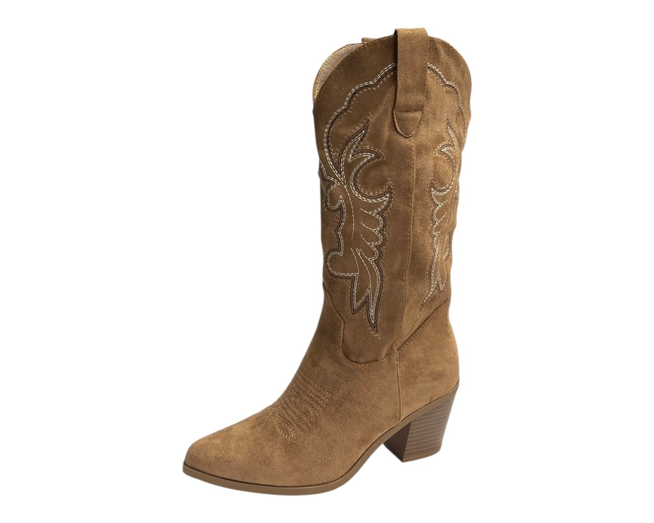 Embroidered Faux Suede Cowboy Mid Calf Boots