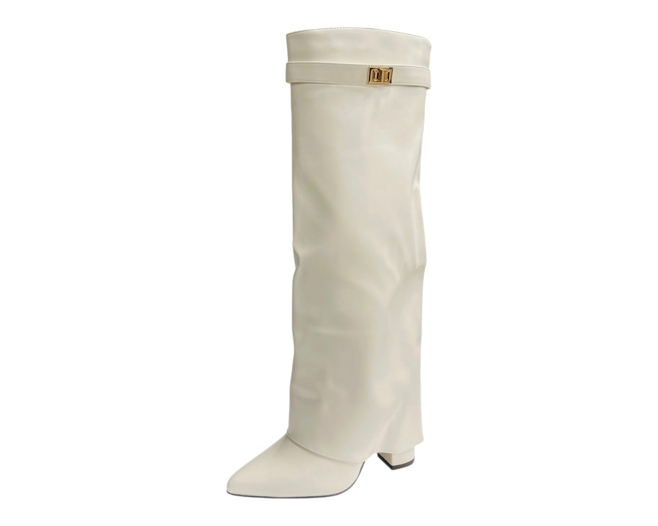 Knee High Faux Leather Fold Over Block Heel Boots