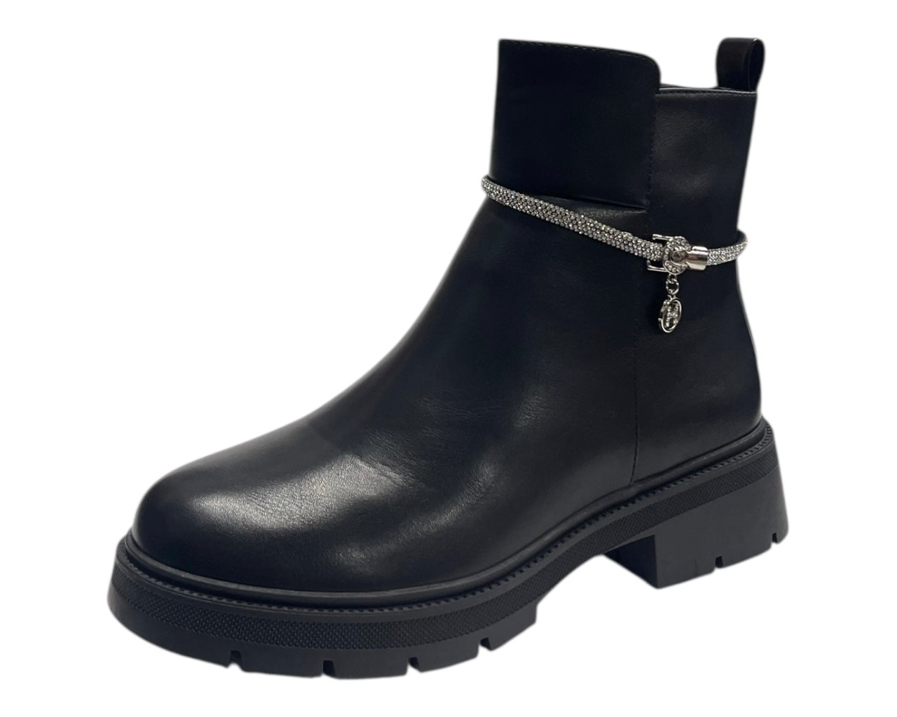 Chunky Sole Rhinestone Faux Leather Zip Boots