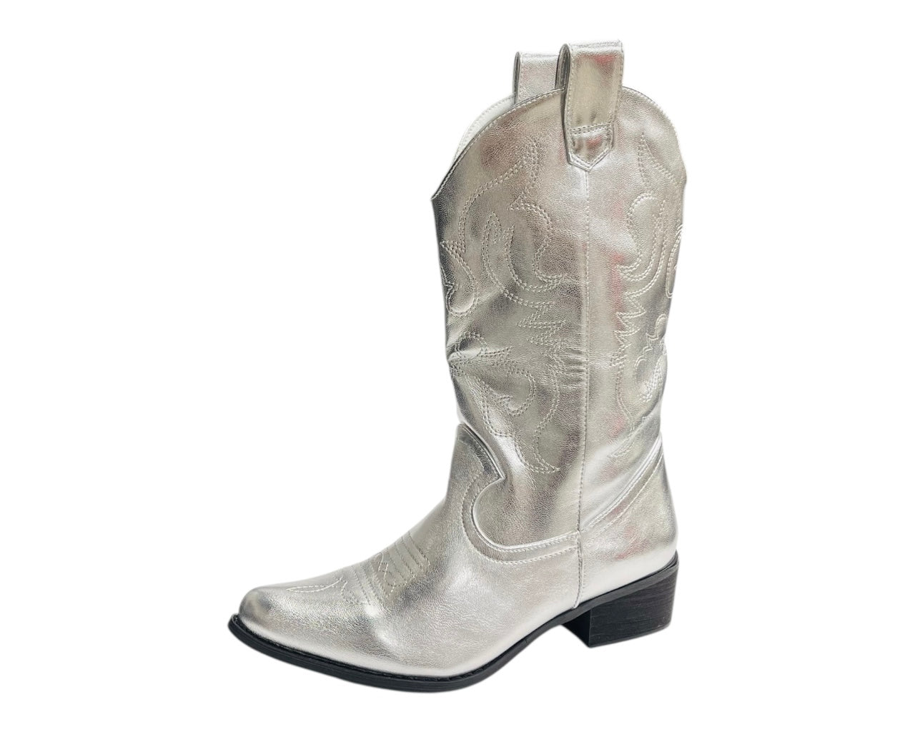 Mid Calf Embroidered Faux Patent Leather Cowboy Boots