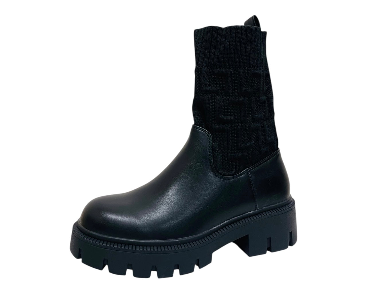 Chunky Sole Faux Leather Knitted Ankle Boots