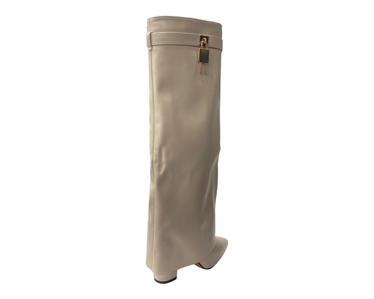 Faux Leather Padlock Knee High Fold Over Block Heel Boots