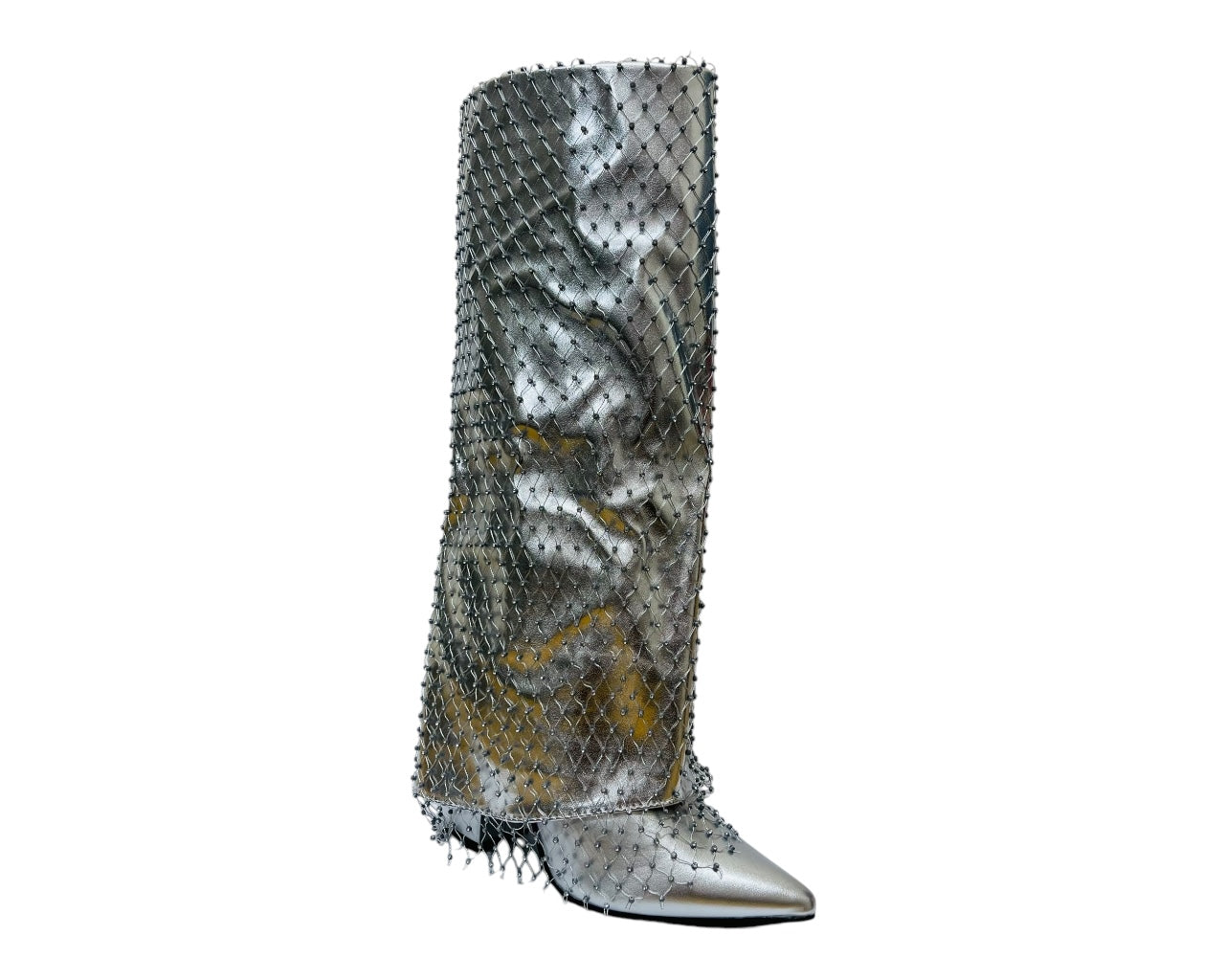 Fold Over Knee High Diamante Fishnet Boots