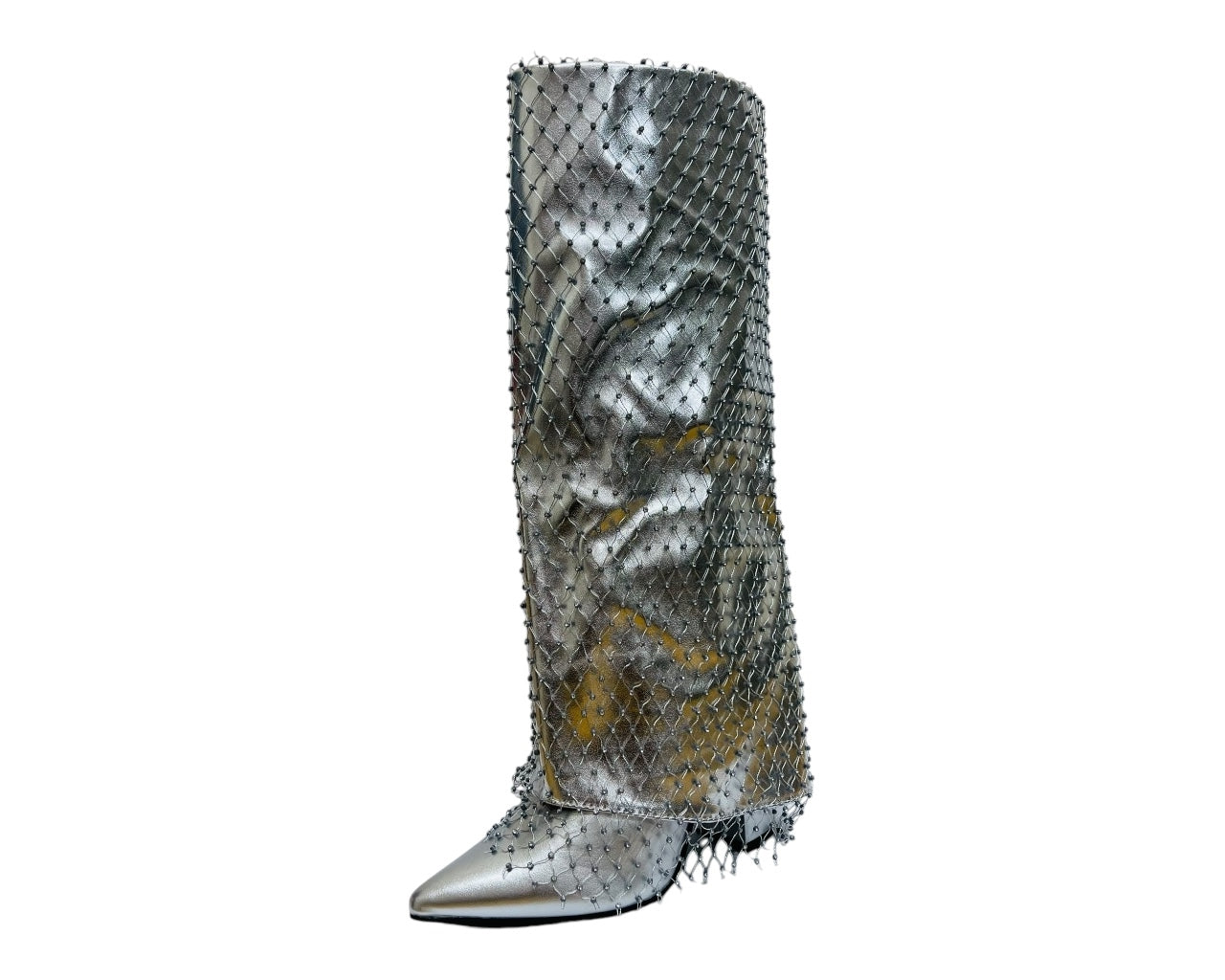 Fold Over Knee High Diamante Fishnet Boots