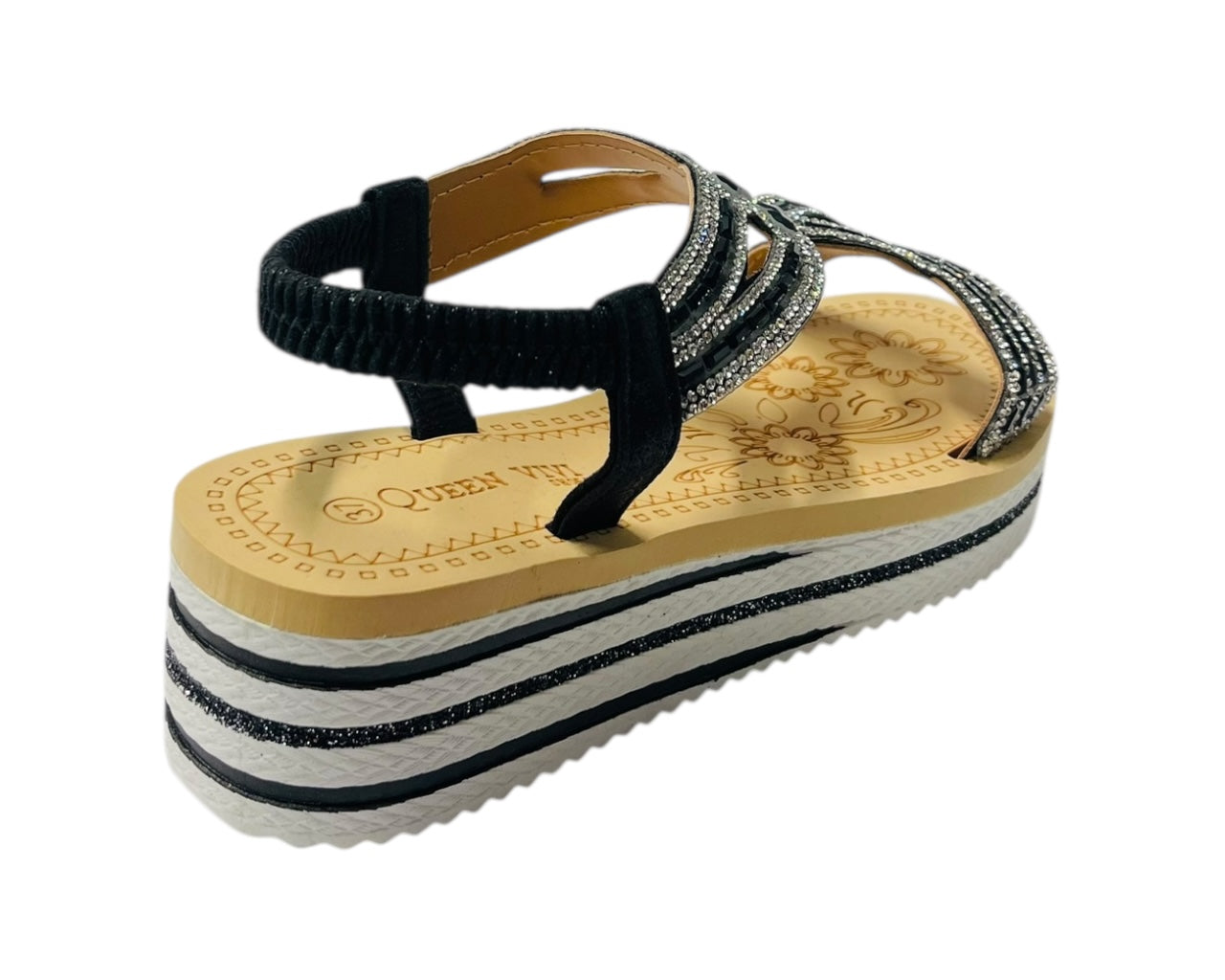 Elastic Ankle Strap Diamante Wedge Sandals