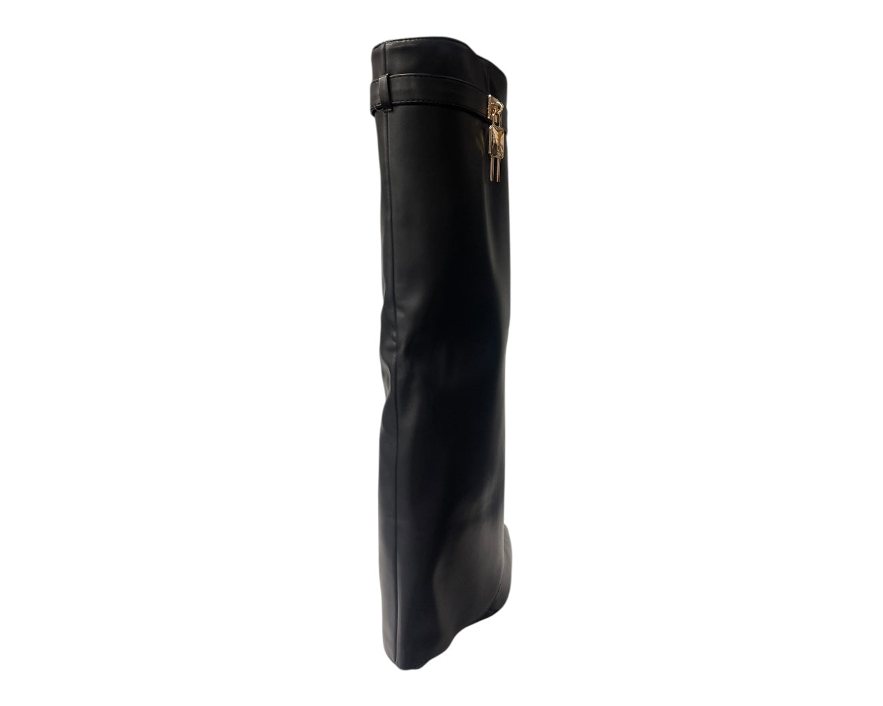 Faux Leather Padlock Knee High Fold Over Wedge Heel Boots
