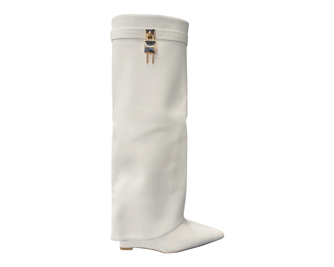 Faux Leather Padlock Knee High Fold Over Wedge Heel Boots