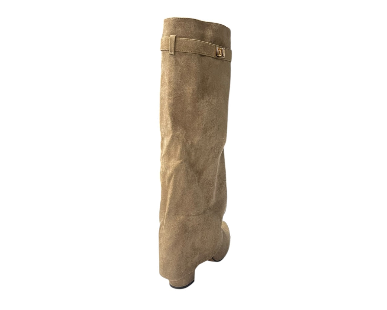 Knee High Faux Suede Fold Over Block Heel Boots