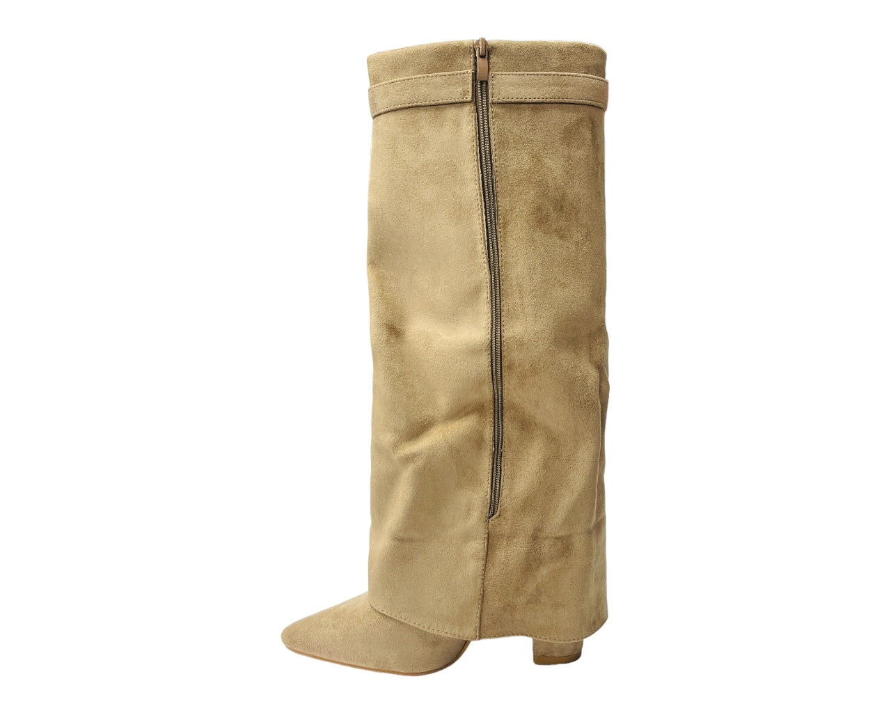 Faux Suede Knee High Fold Over Block Heel Boots