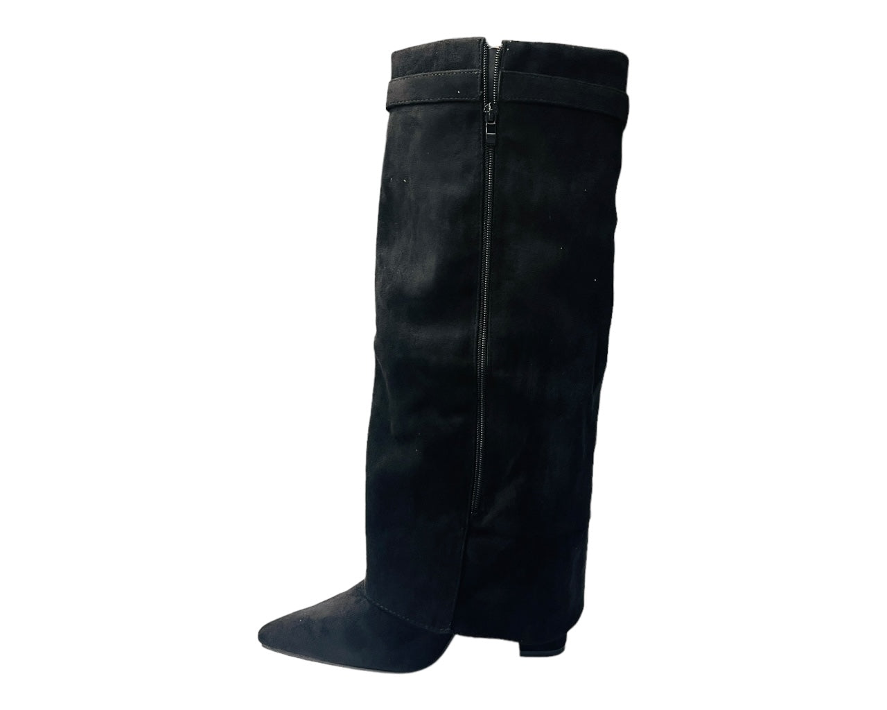 Faux Suede Knee High Fold Over Block Heel Boots