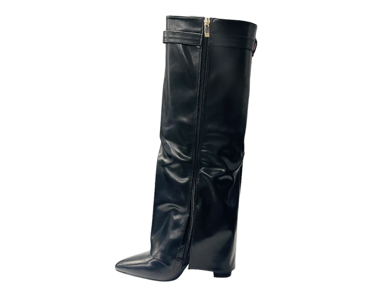 Faux Leather Padlock Knee High Fold Over Block Heel Boots