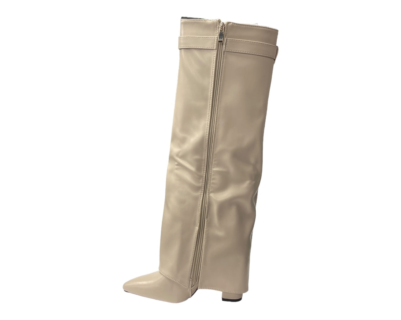 Faux Leather Padlock Knee High Fold Over Block Heel Boots