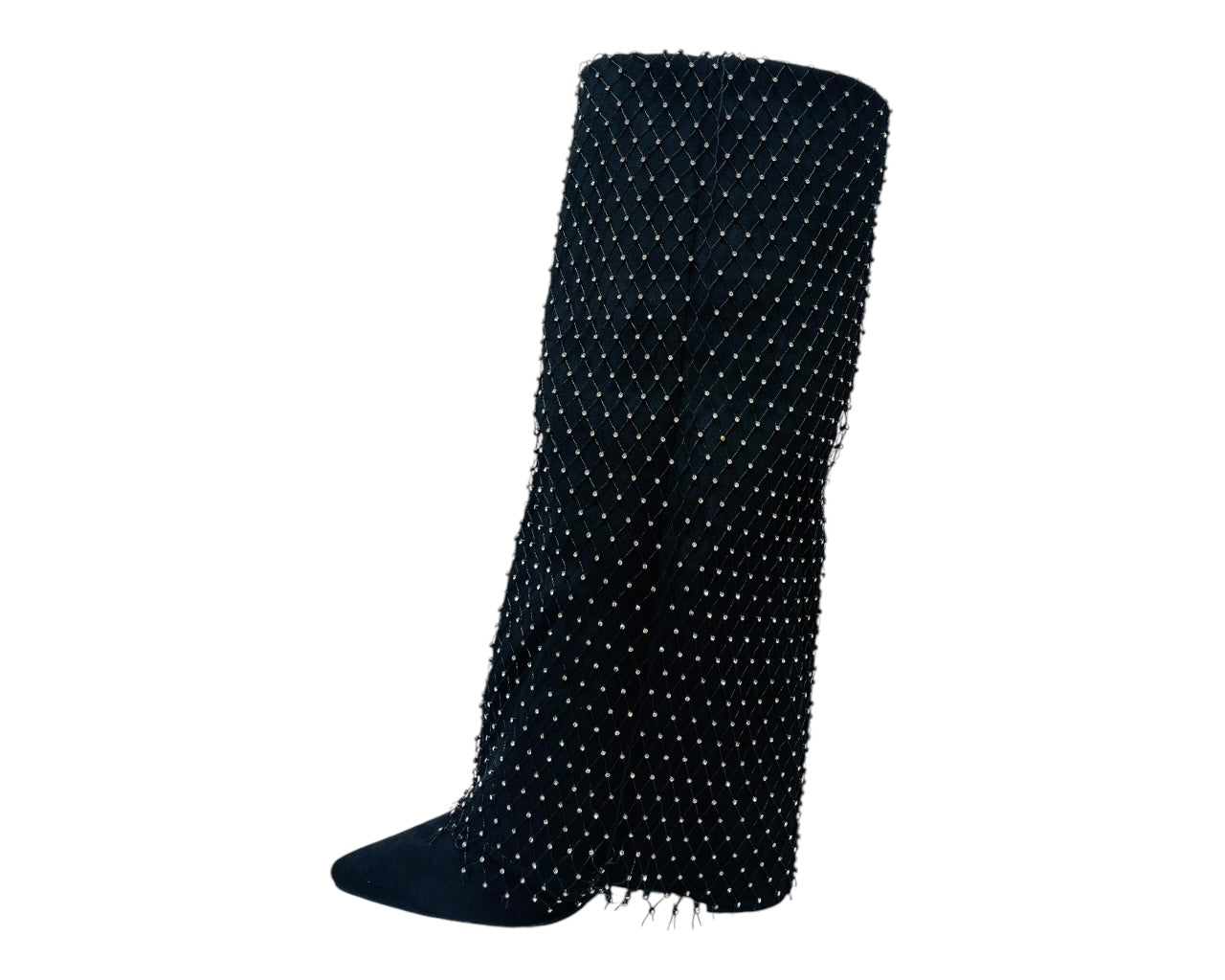 Fold Over Knee High Diamante Fishnet Boots