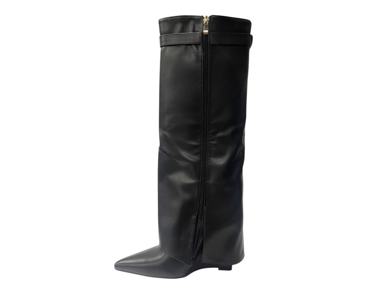 Faux Leather Padlock Knee High Fold Over Wedge Heel Boots