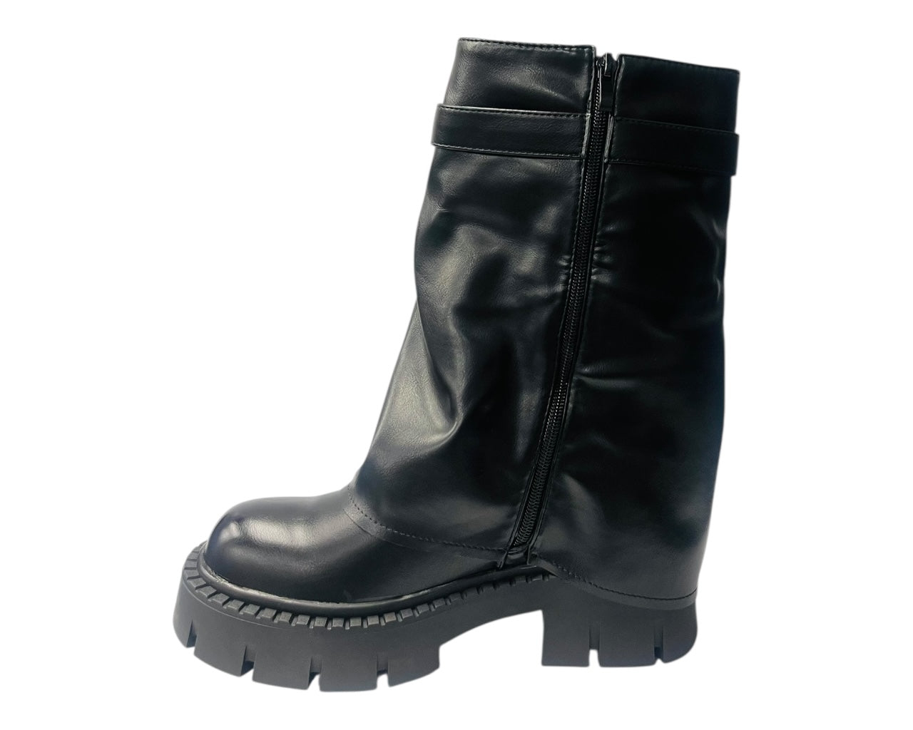 Chunky Sole Mid Calf Zip Fold Over Biker Boots