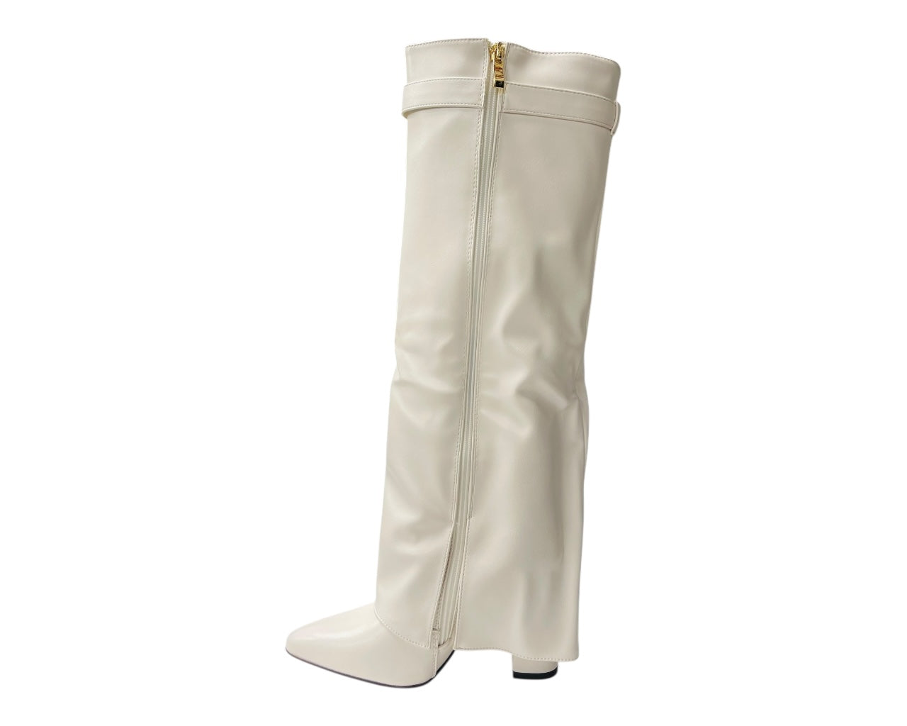 Knee High Faux Leather Fold Over Block Heel Boots