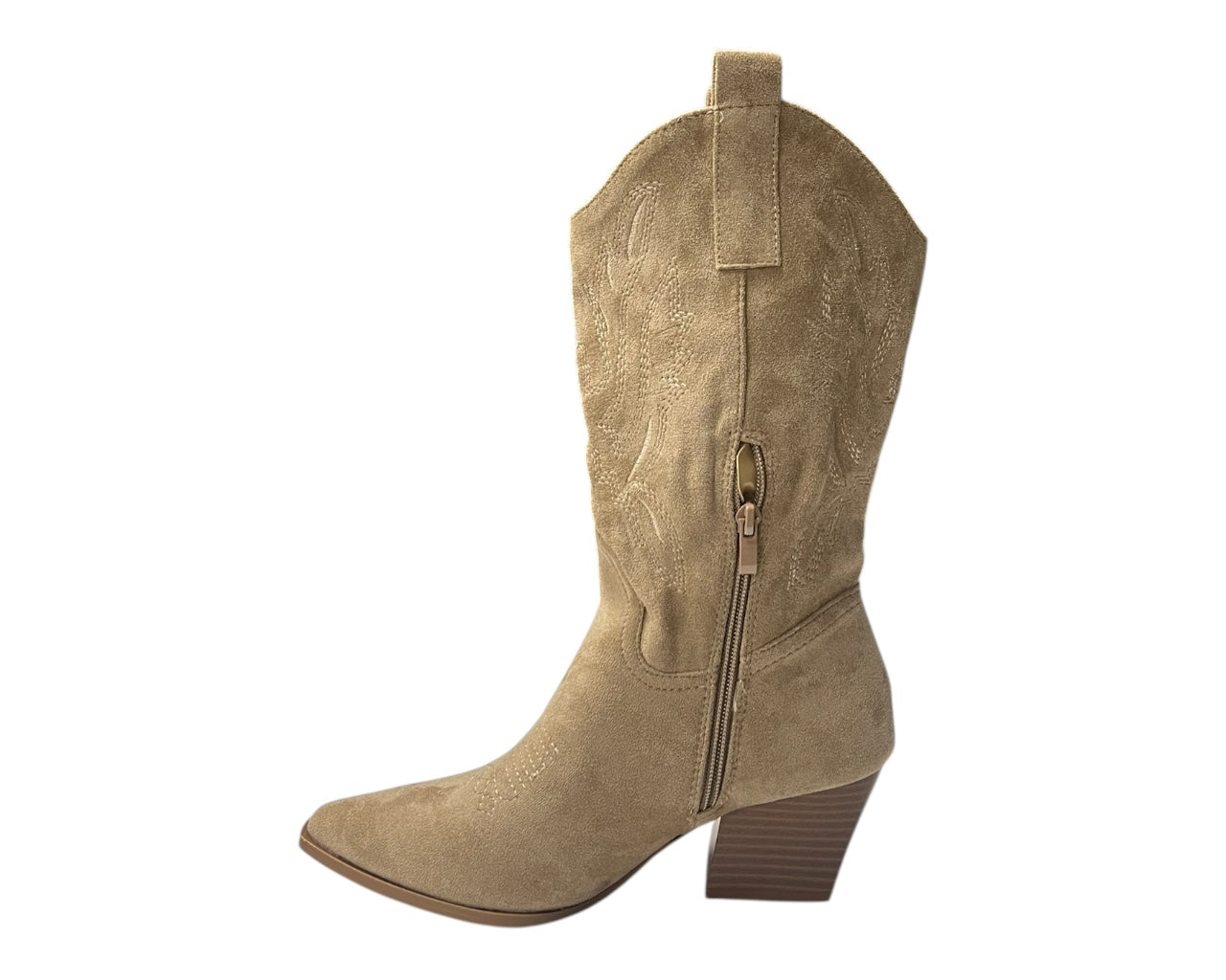 Mid Calf Embroidered Faux Suede Cowboy Boots