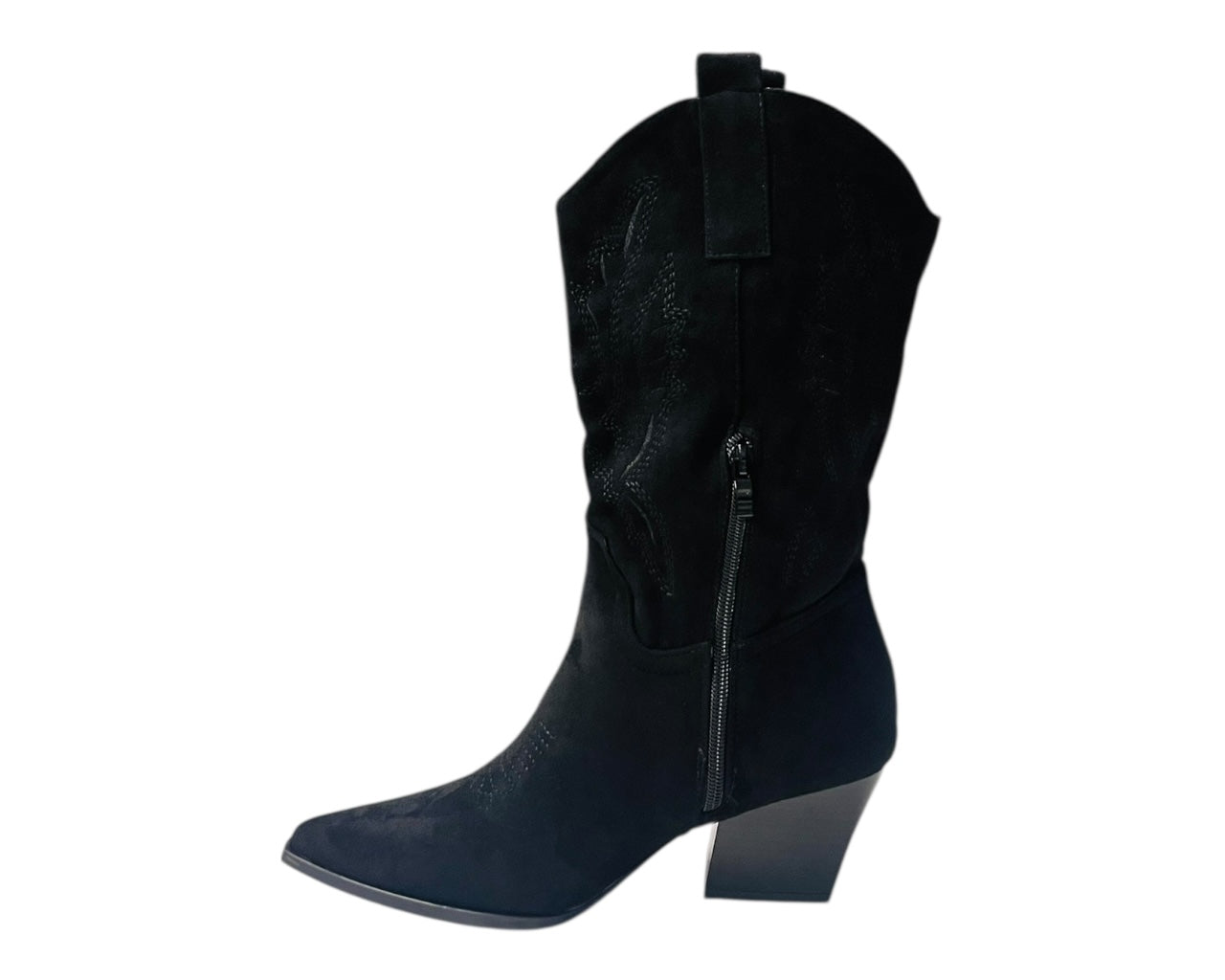 Mid Calf Embroidered Faux Suede Cowboy Boots