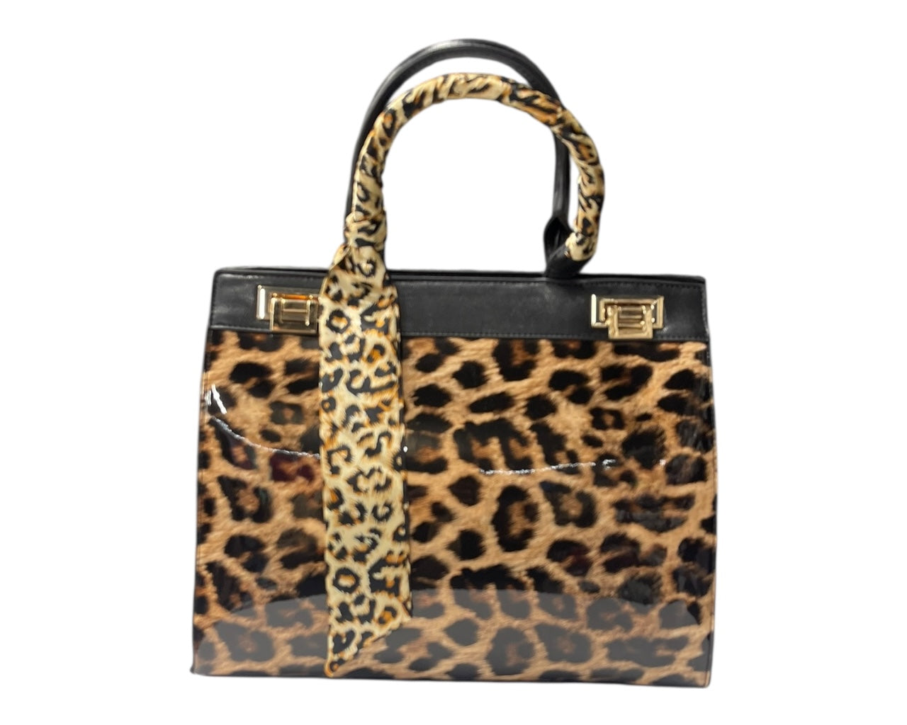 Faux Patent Leopard Print Crossbody Hand Bag