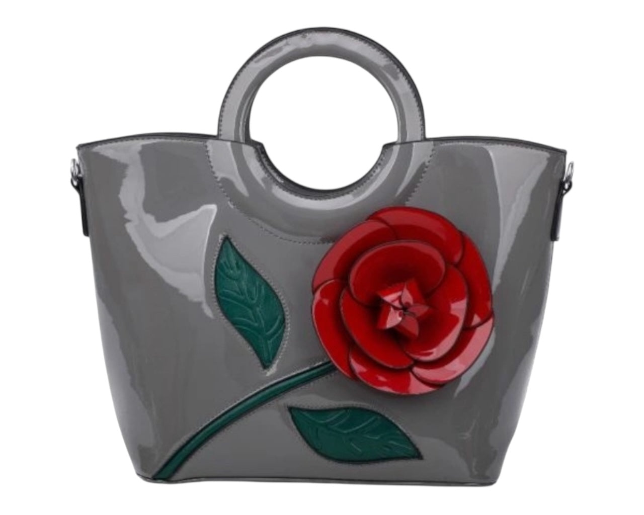 Faux Patent Floral Embellished Top Handles Large Shoulder Bag