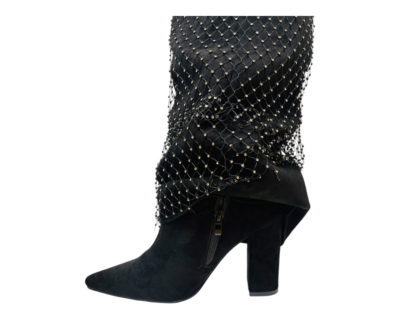 Fold Over Knee High Diamante Fishnet Boots