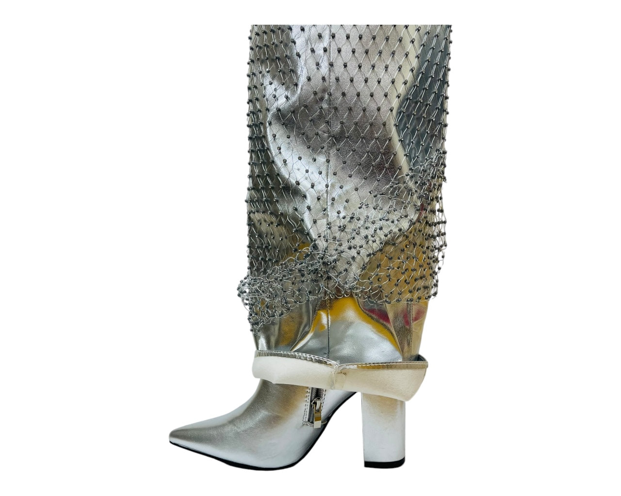 Fold Over Knee High Diamante Fishnet Boots