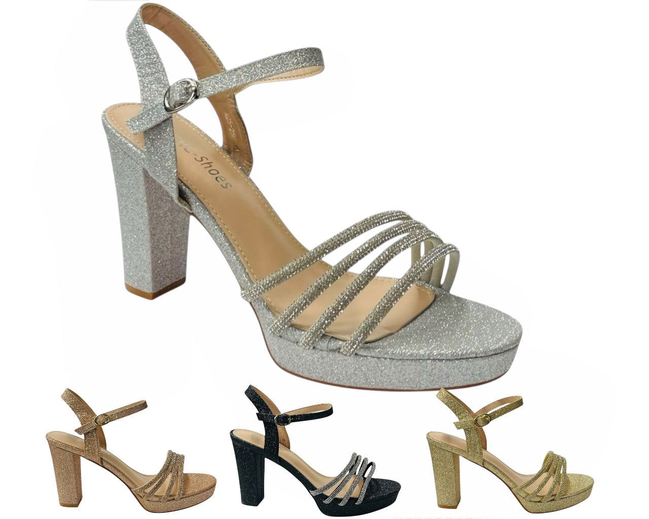 Diamante Block Heel Glitter Ankle Strap Shoes