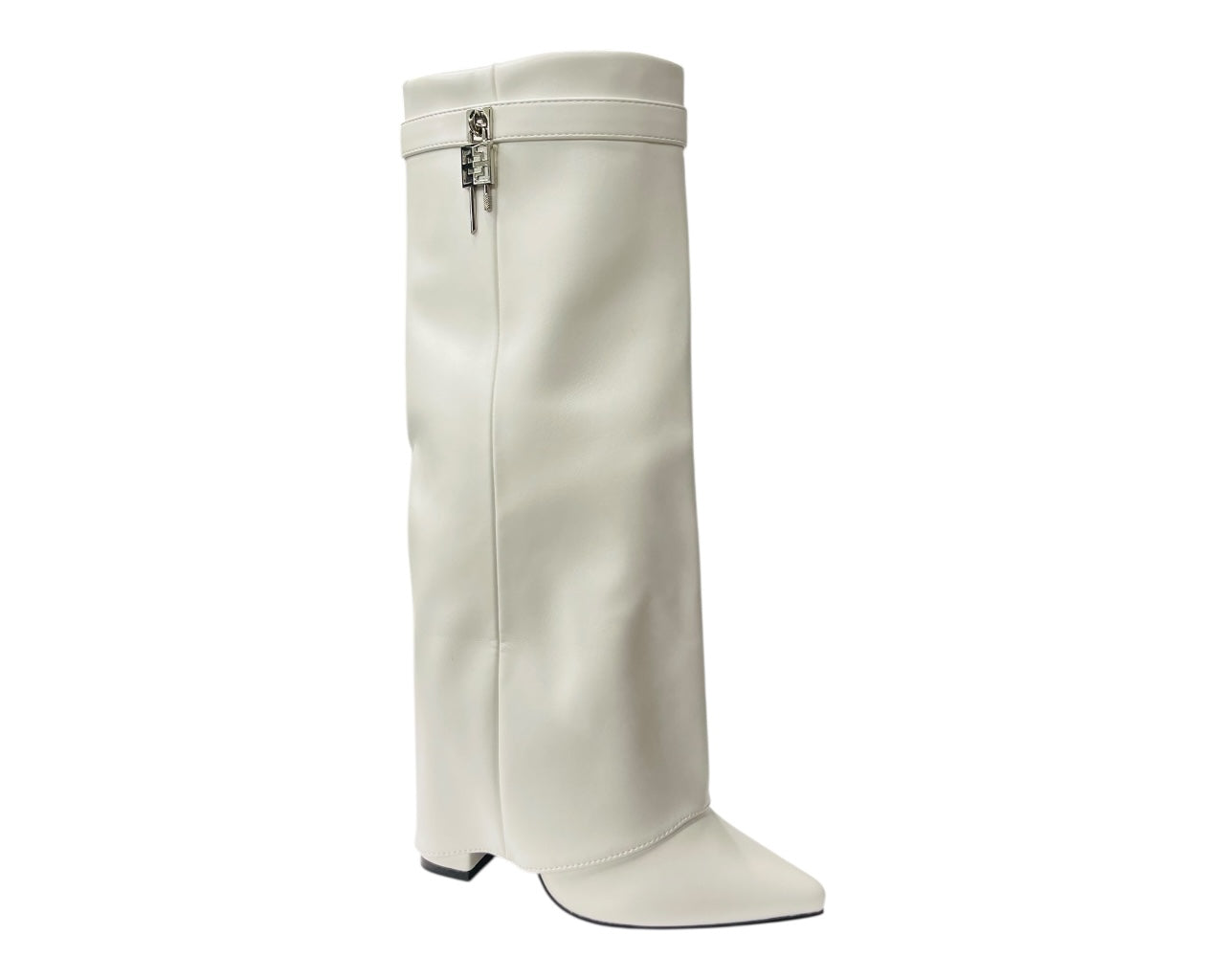 Padlock Details Knee High Fold Over Block Heel Boots