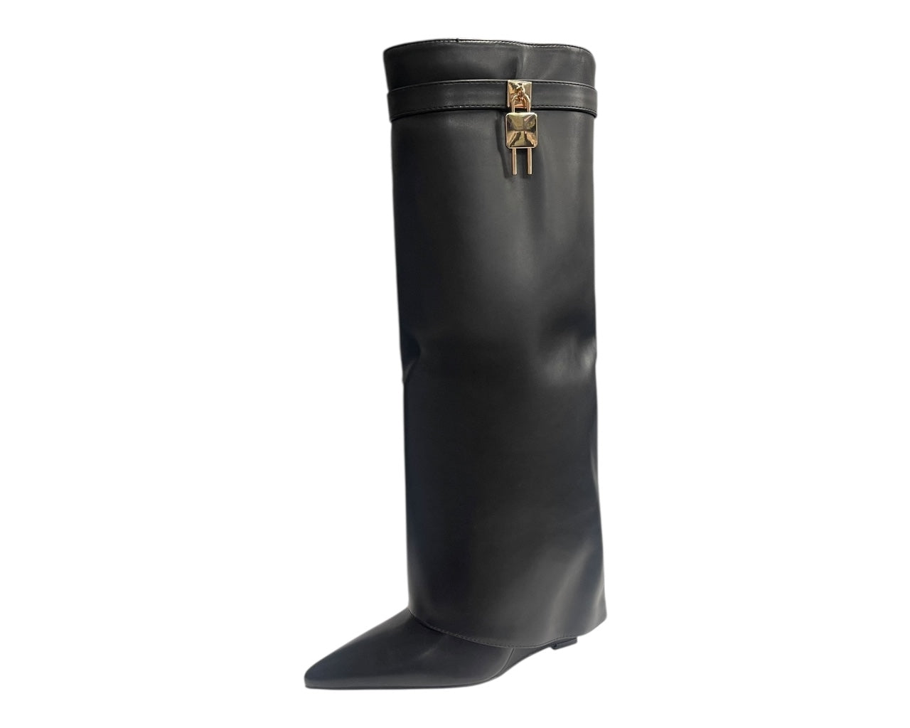 Faux Leather Padlock Knee High Fold Over Wedge Heel Boots