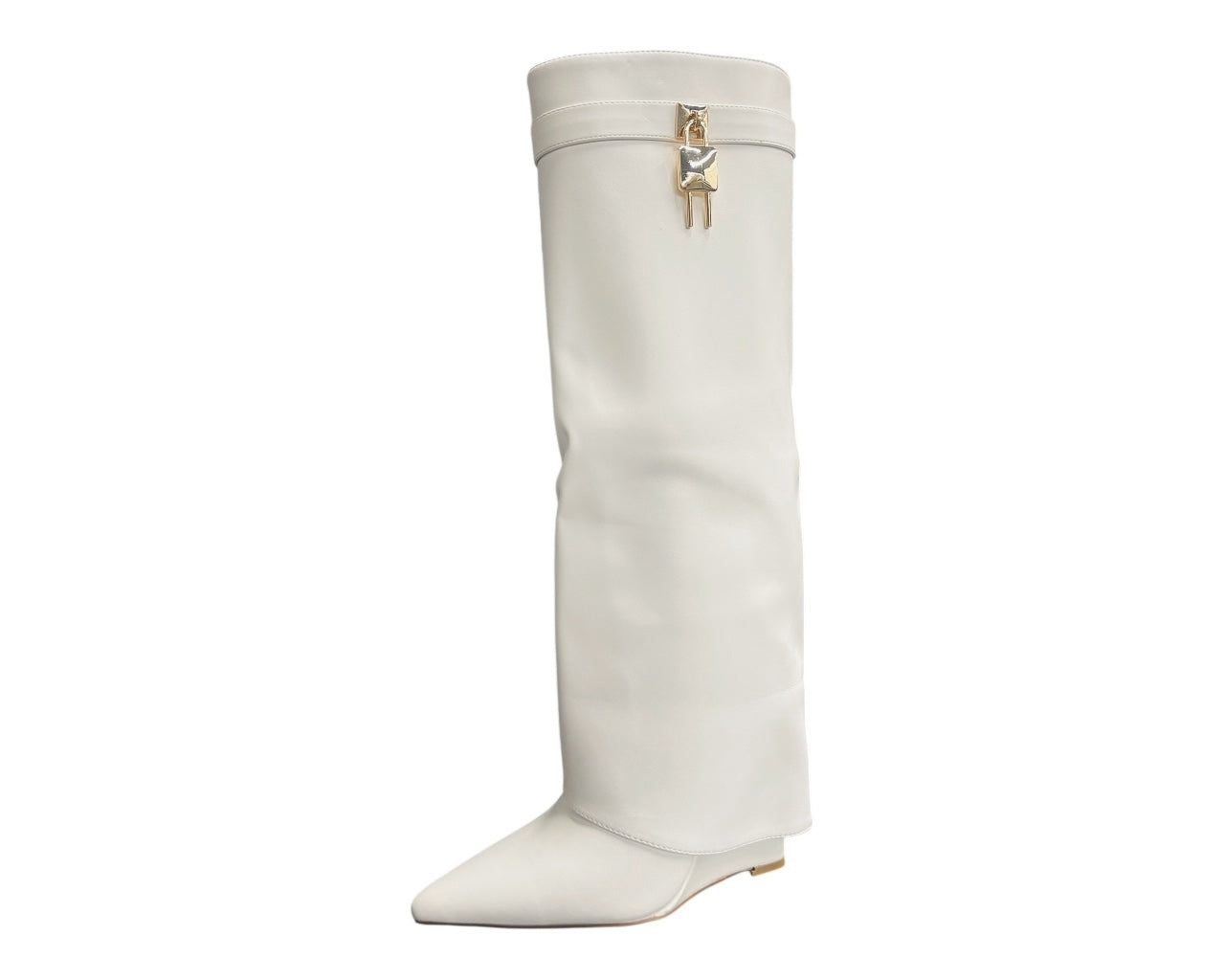 Faux Leather Padlock Knee High Fold Over Wedge Heel Boots