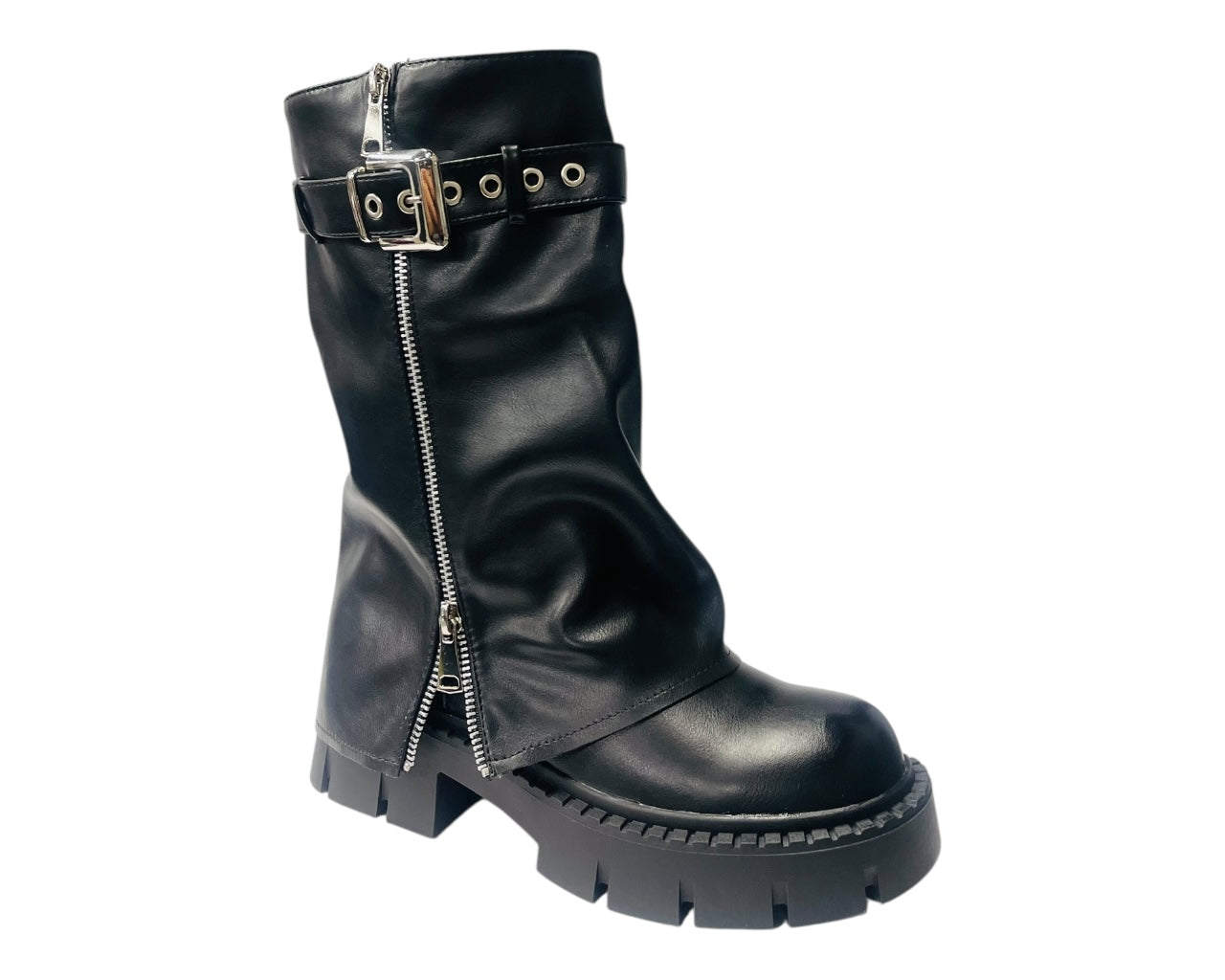 Chunky Sole Mid Calf Zip Fold Over Biker Boots
