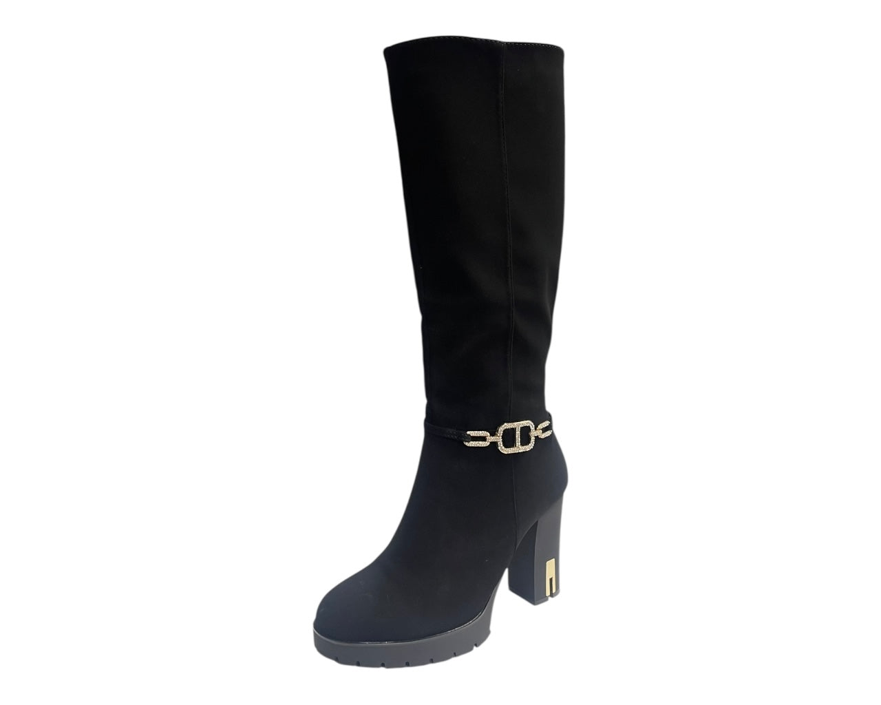 Block Heels Zip Diamante Knee High Boots