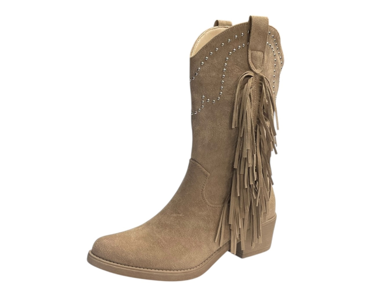 Mid Calf Stud Fringe Faux Suede Tassel Boots