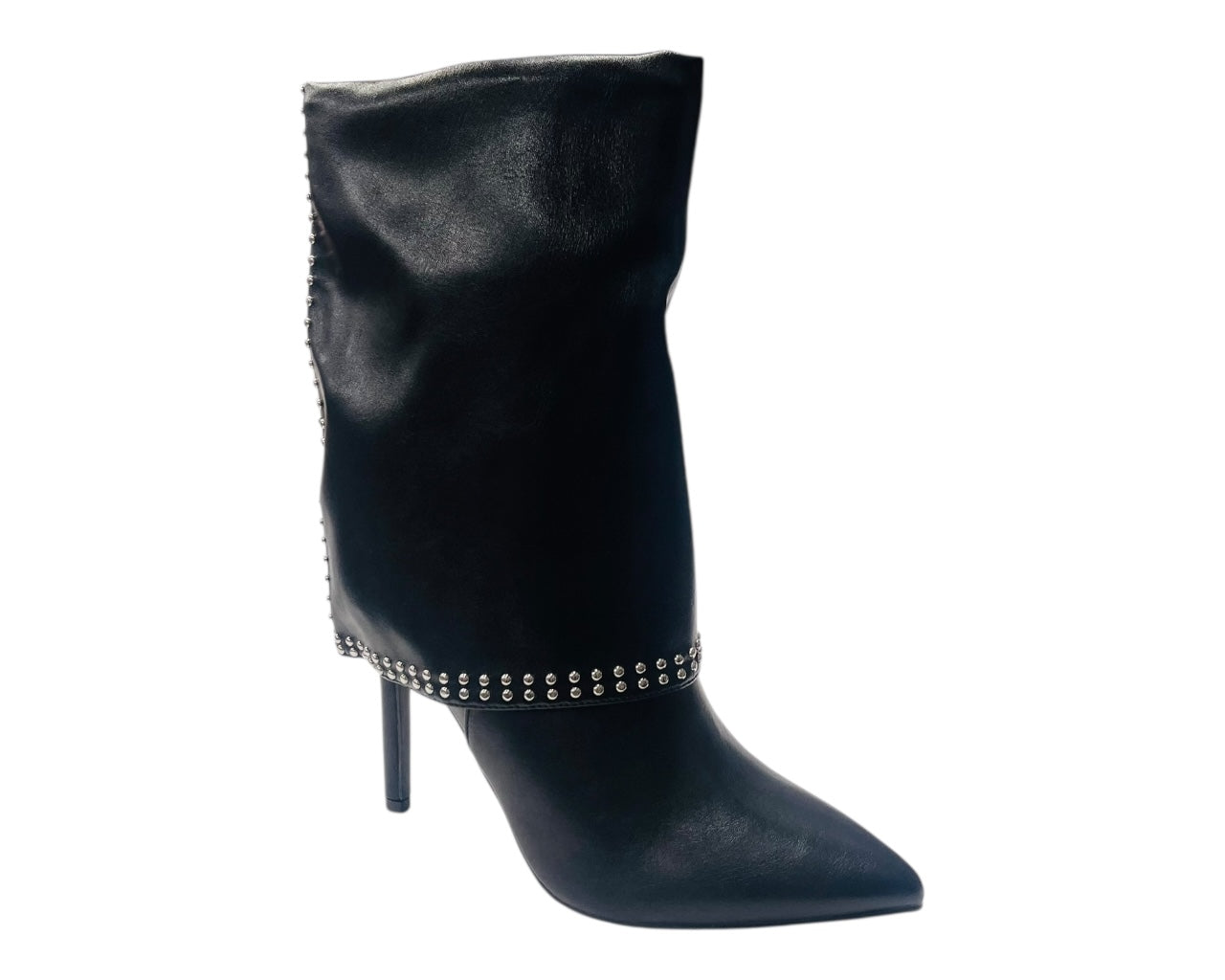 Mid Calf Pointed Toe Studded Fold Over Boots