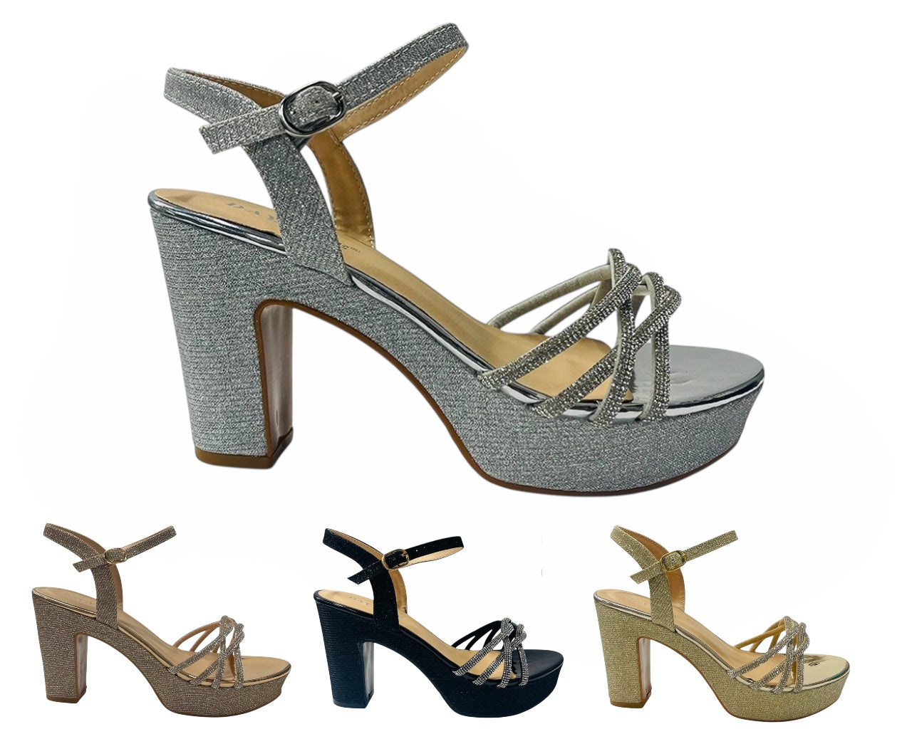 Block Heel Platform Diamante Glitter Shoes