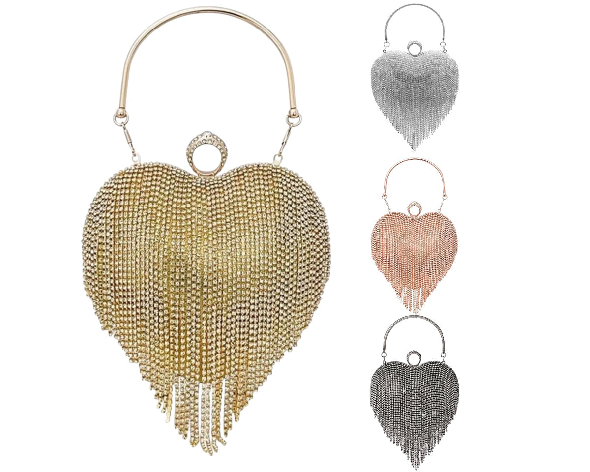 Rhinestone Fringe Heart Clutch Bag