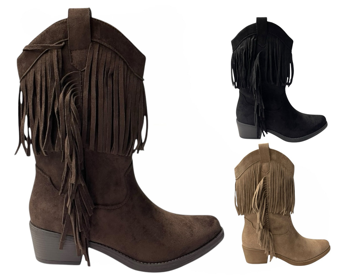 Mid Calf Fringe Faux Suede Cowboy Boots