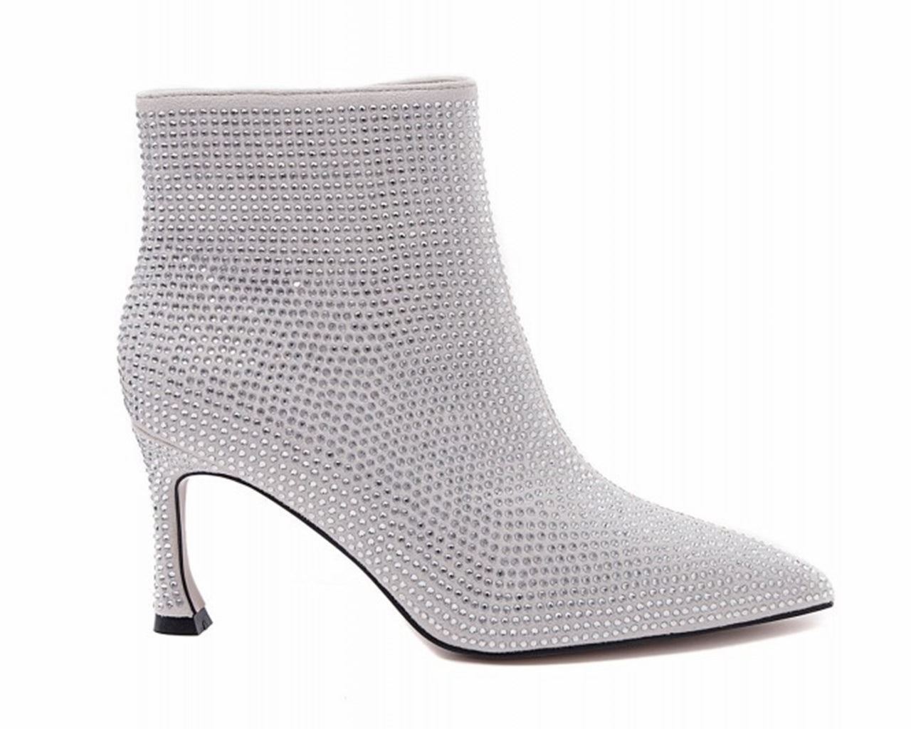 Rhinestone Zip Ankle Boots Silver