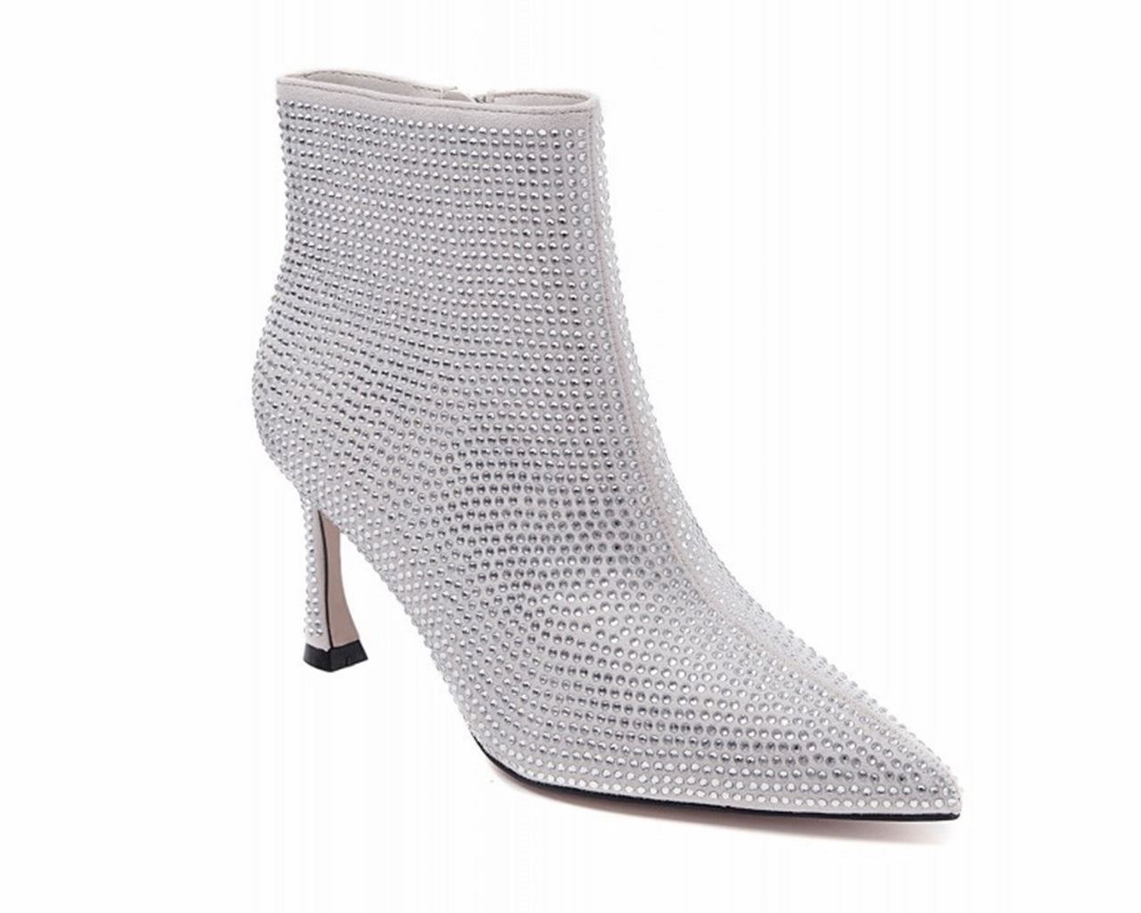 Rhinestone Zip Ankle Boots Silver