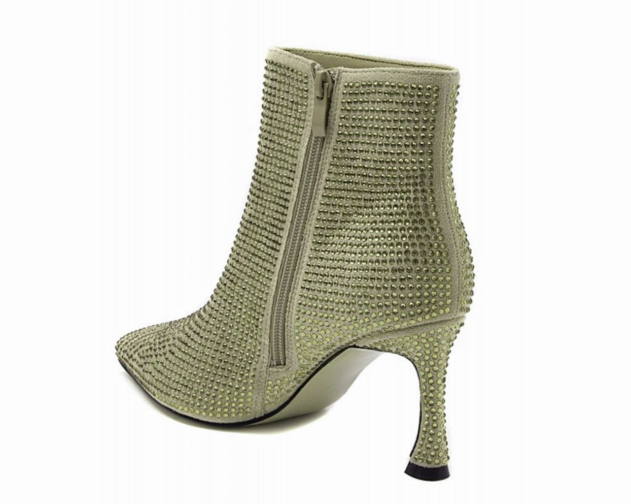 Rhinestone Zip Ankle Boots Beige